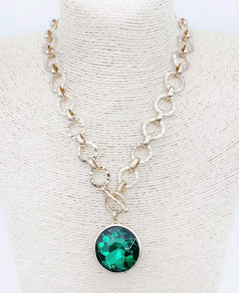Bezel Set Hammered Link Chain Toggle Necklace