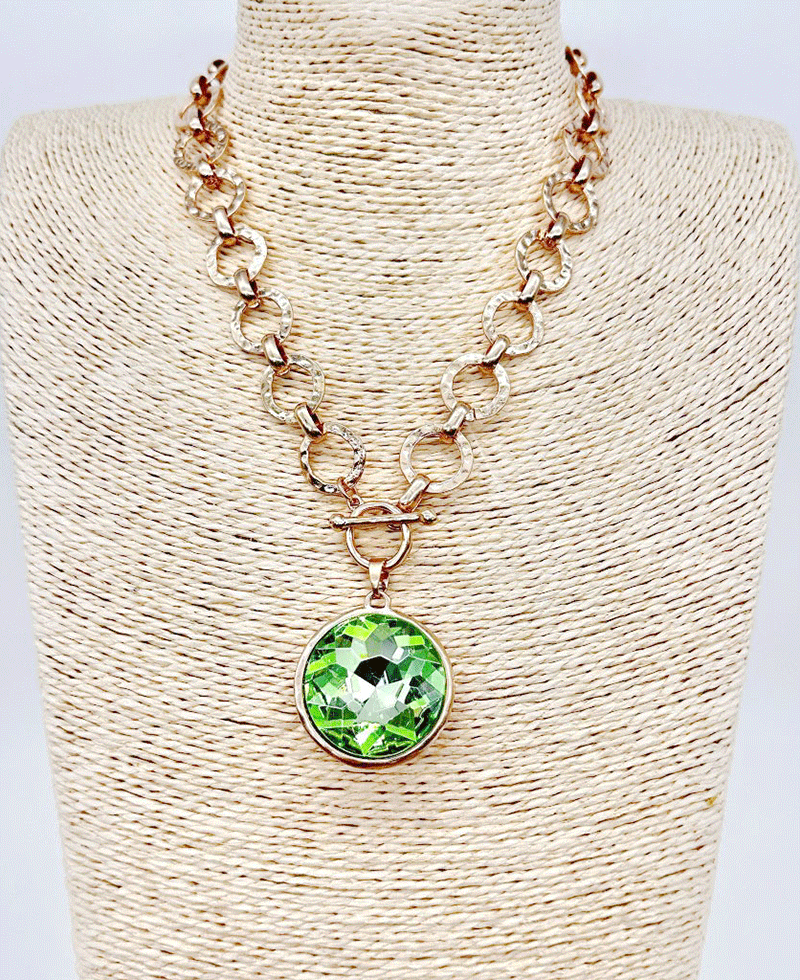 Bezel Set Hammered Link Chain Toggle Necklace