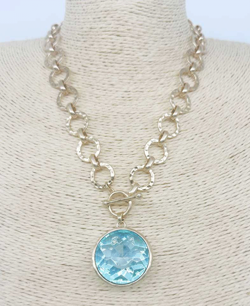 Bezel Set Hammered Link Chain Toggle Necklace