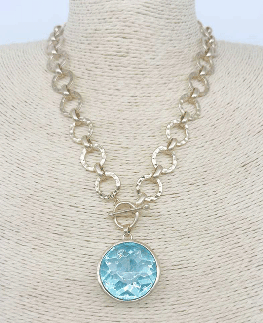 Bezel Set Hammered Link Chain Toggle Necklace