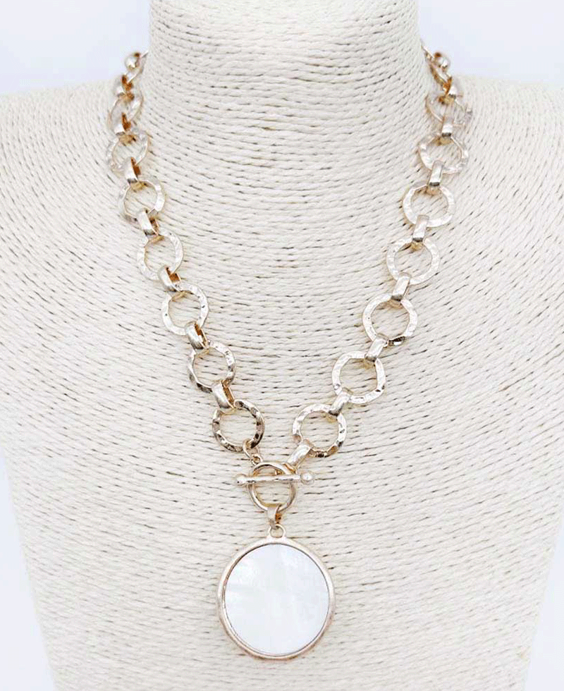 Bezel Set Hammered Link Chain Toggle Necklace
