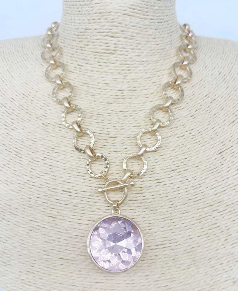 Bezel Set Hammered Link Chain Toggle Necklace