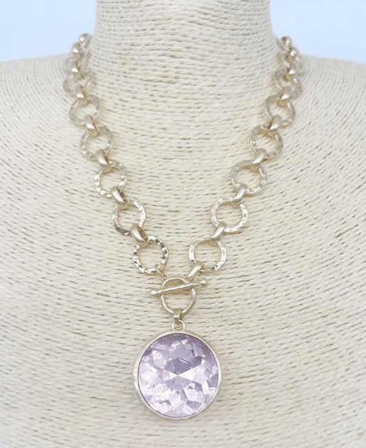 Bezel Set Hammered Link Chain Toggle Necklace