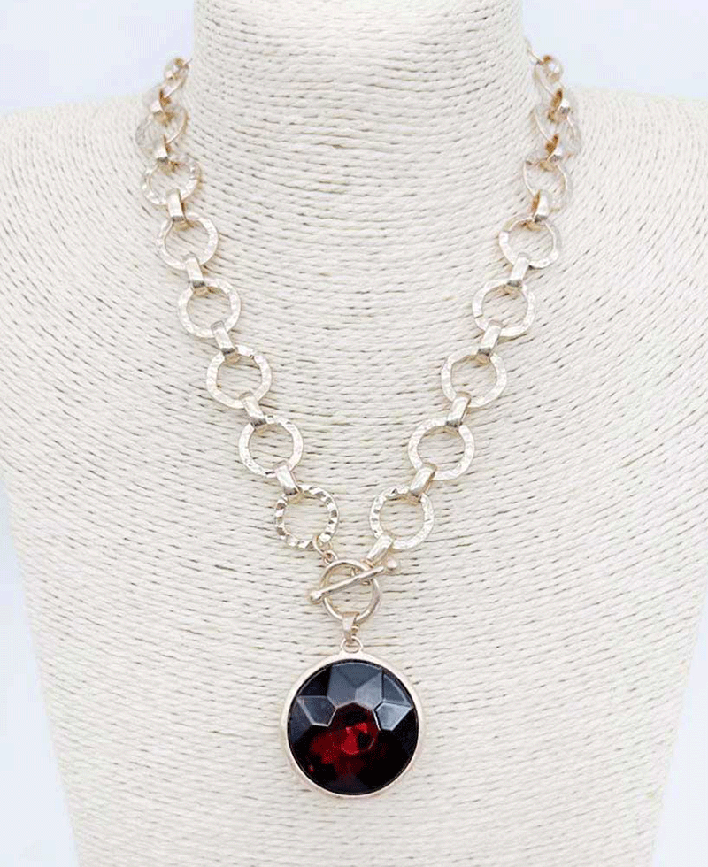 Bezel Set Hammered Link Chain Toggle Necklace