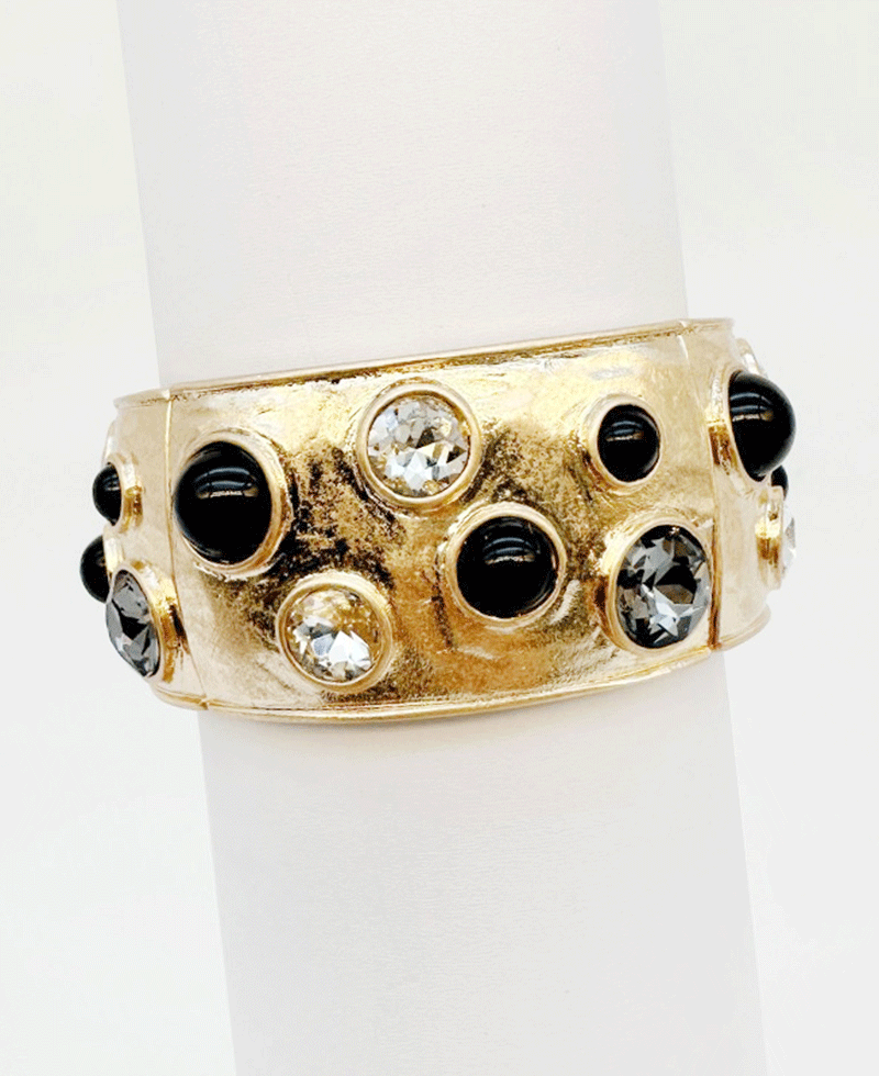 Hammered Wide Gold Plated Bezel Set Stretch Bracelet