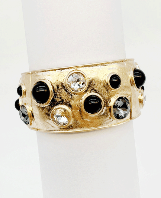 Hammered Wide Gold Plated Bezel Set Stretch Bracelet