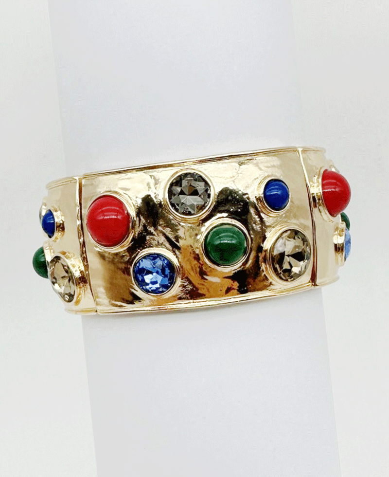 Hammered Wide Gold Plated Bezel Set Stretch Bracelet