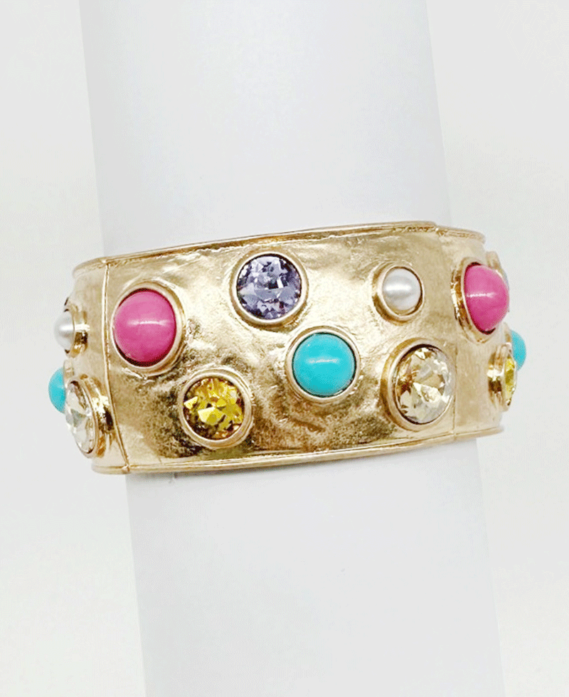 Hammered Wide Gold Plated Bezel Set Stretch Bracelet