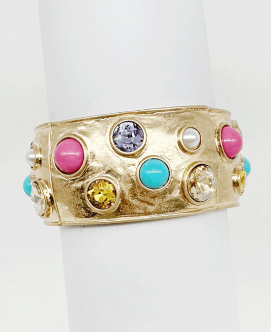 Hammered Wide Gold Plated Bezel Set Stretch Bracelet