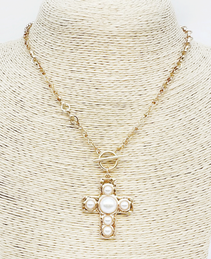 Pearl Accent Cross Chain Toggle Necklace