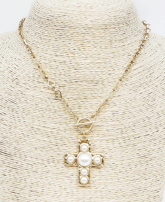 Pearl Accent Cross Chain Toggle Necklace