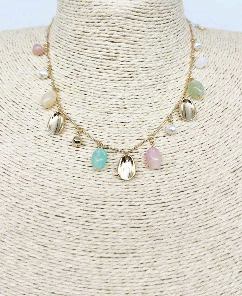 Mixed Stone & Pearl Dangle Station Necklace