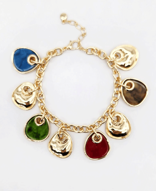 Multi Color Organic Stone & Metal Charm Bracelet