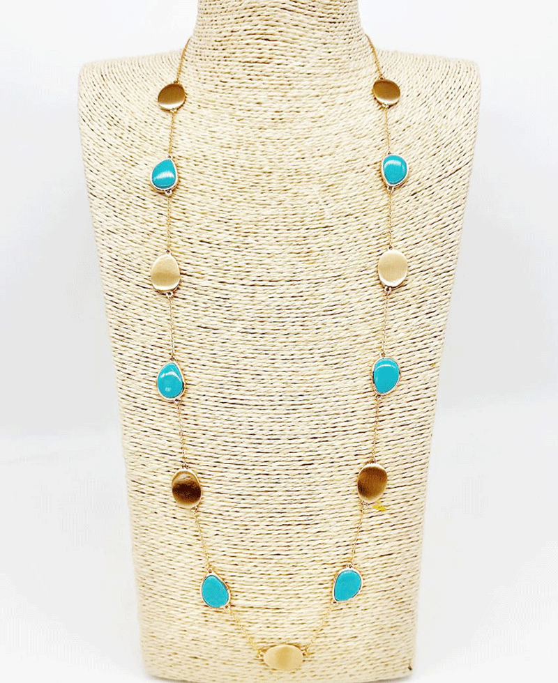 Metal Plates & Teardrop Shape Stone Station Necklace