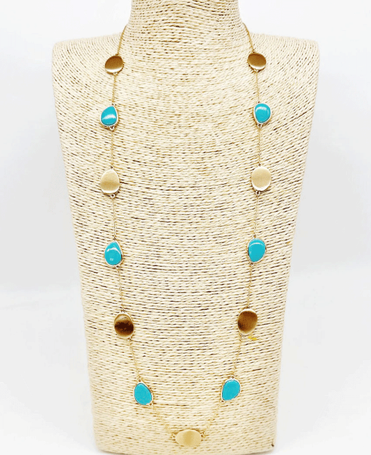 Metal Plates & Teardrop Shape Stone Station Necklace