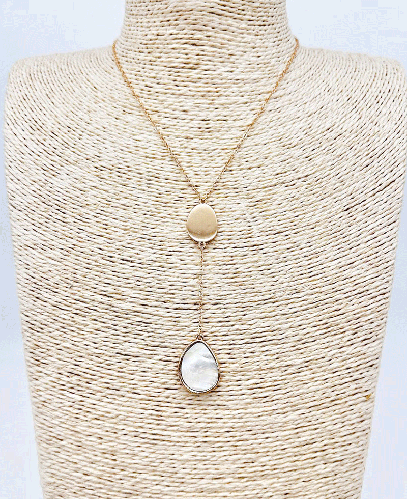 Oval Metal & Teardrop Stone Drop Necklace