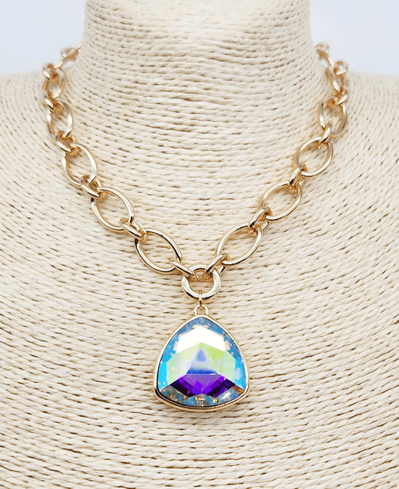 Trillion Cut Crystal Pendant Chunky Link Chain Necklace