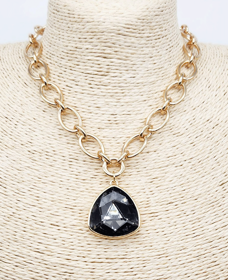 Trillion Cut Crystal Pendant Chunky Link Chain Necklace