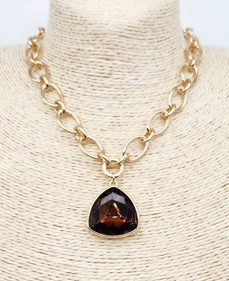 Trillion Cut Crystal Pendant Chunky Link Chain Necklace
