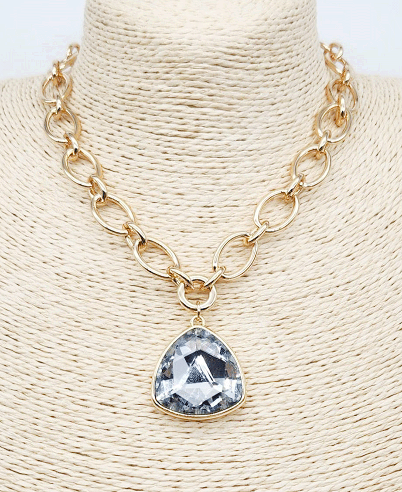 Trillion Cut Crystal Pendant Chunky Link Chain Necklace