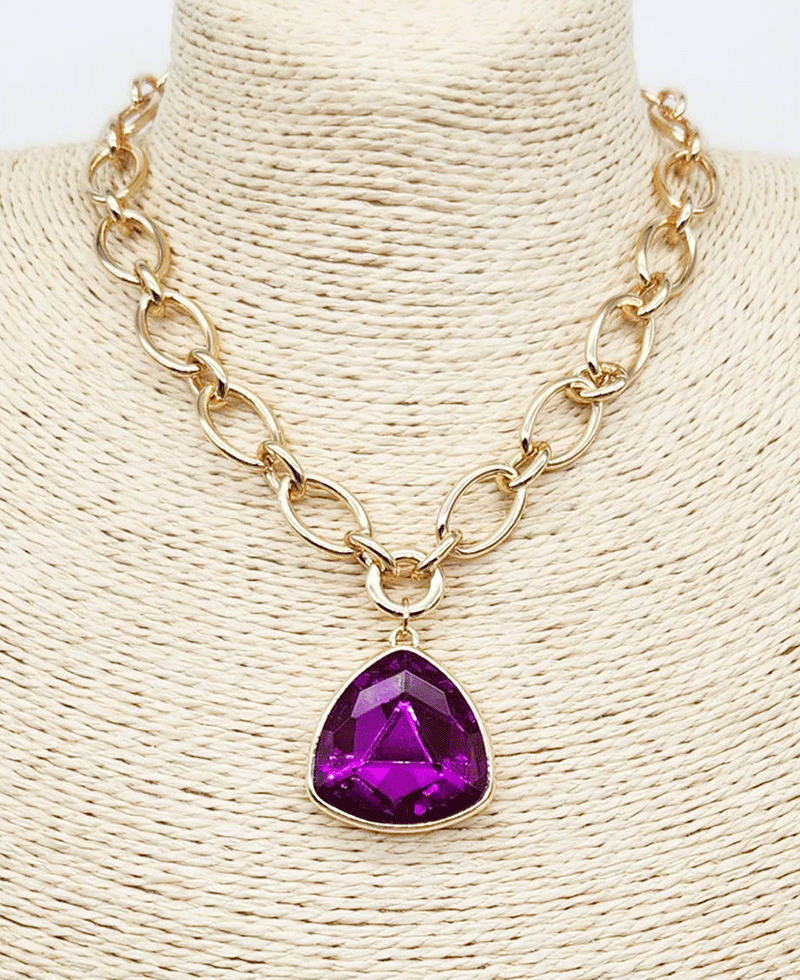 Trillion Cut Crystal Pendant Chunky Link Chain Necklace