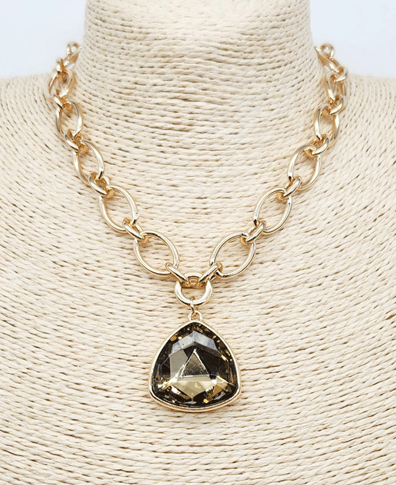 Trillion Cut Crystal Pendant Chunky Link Chain Necklace