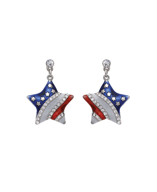 Rhinestone American Flag Star Earring - 1.3"