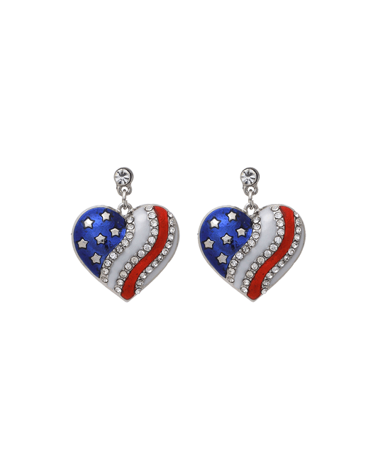 Rhinestone American Flag Heart Earring - 1.2"