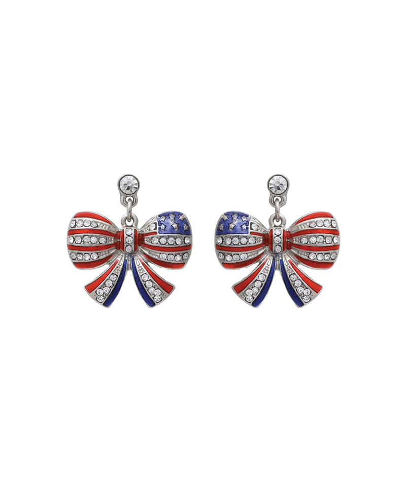 Rhinestone American Flag Bow Earring - 1.05"