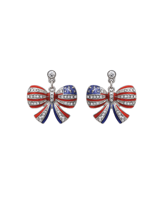 Rhinestone American Flag Bow Earring - 1.05"