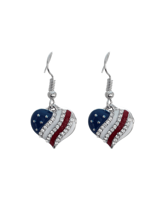 Rhinestone American Flag Heart Earring - 1.3"