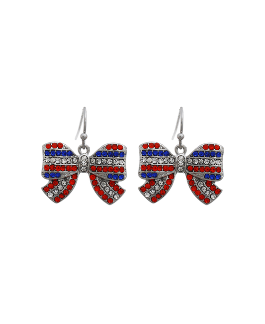 Rhinestone American Flag Bow Earring - 0.9"