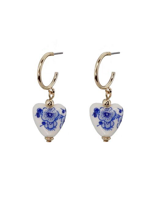 Blue Ceramic Heart Hoop Earring - 0.7"