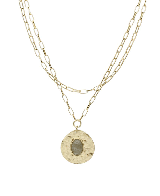 Hammered Disc Pendant Double Strand Necklace