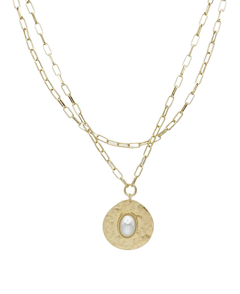 Hammered Disc Pendant Double Strand Necklace
