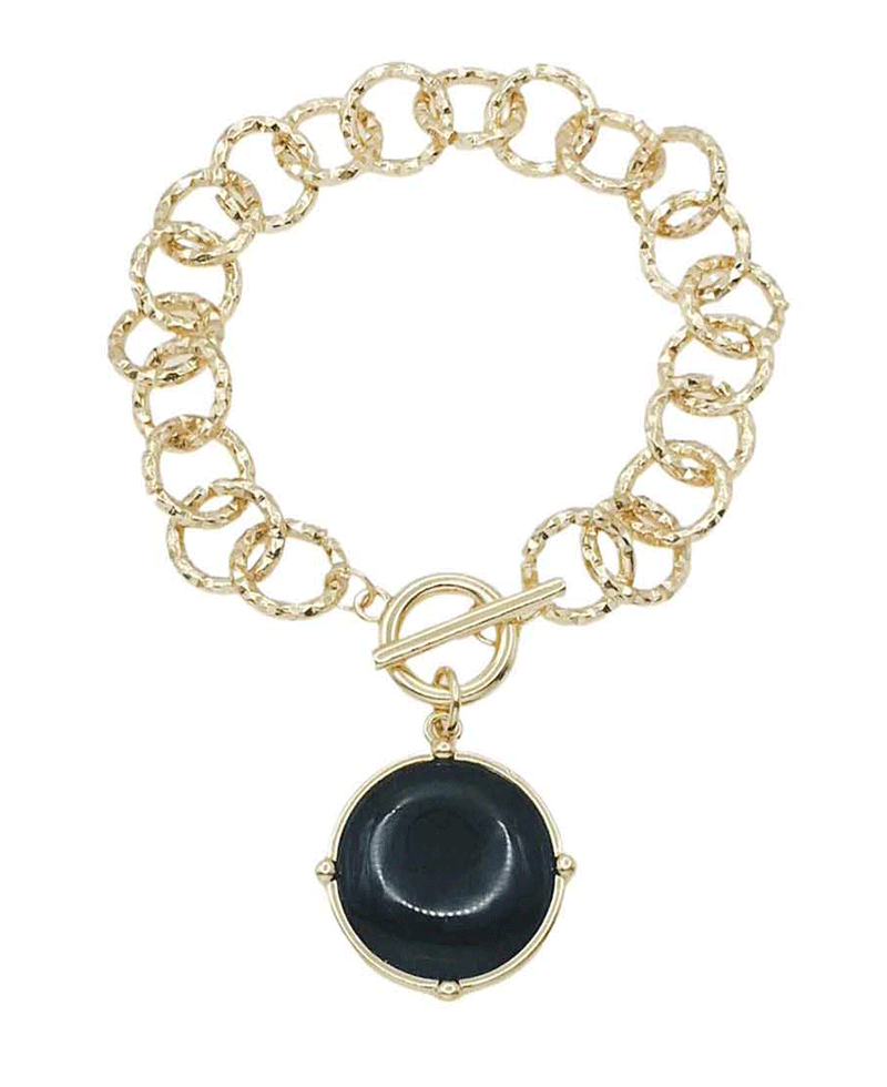 Textured Plated Chain w/ Round Cham Bracelet