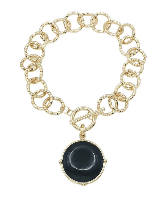 Textured Plated Chain w/ Round Cham Bracelet