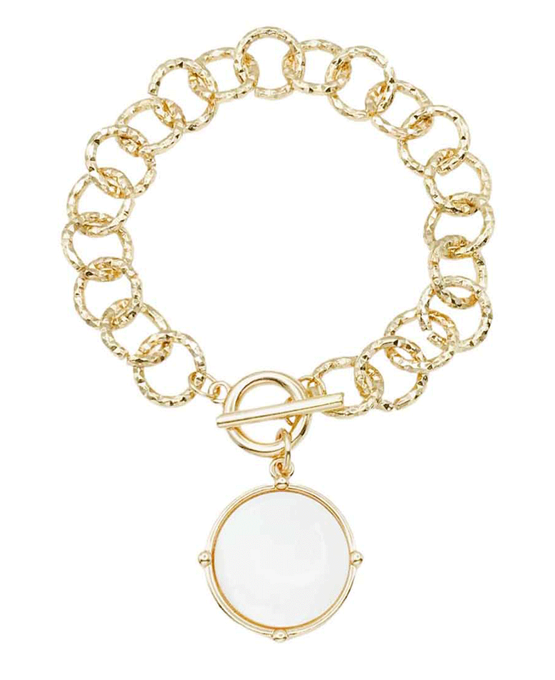 Textured Plated Chain w/ Round Cham Bracelet