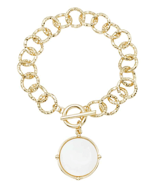 Textured Plated Chain w/ Round Cham Bracelet