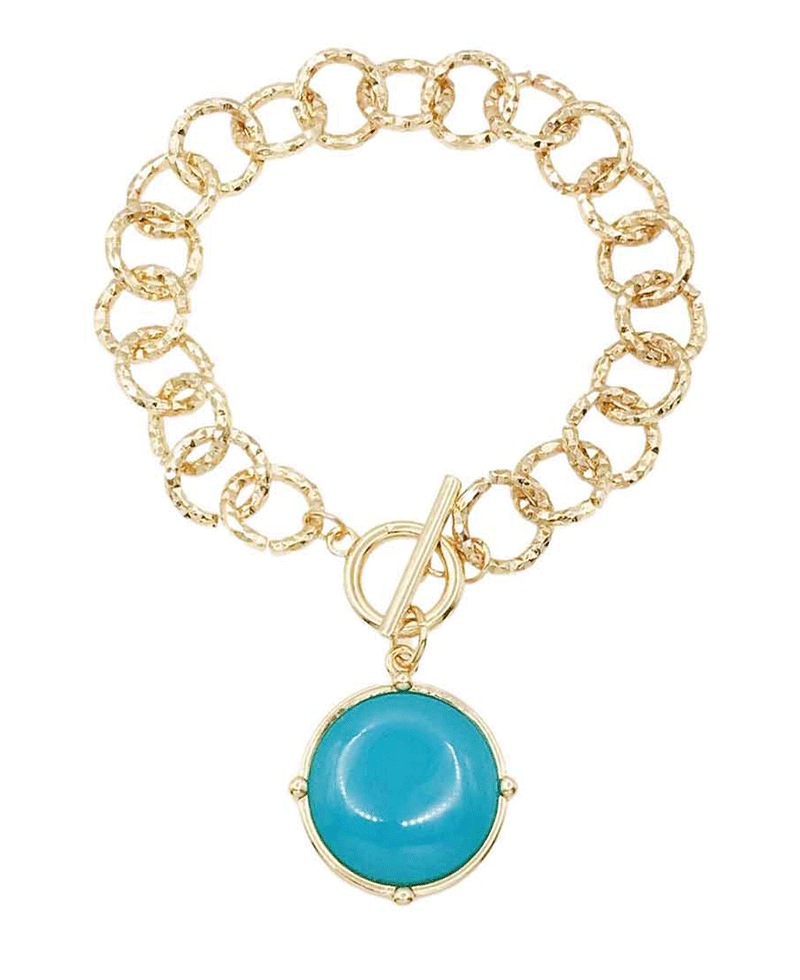 Textured Plated Chain w/ Round Cham Bracelet