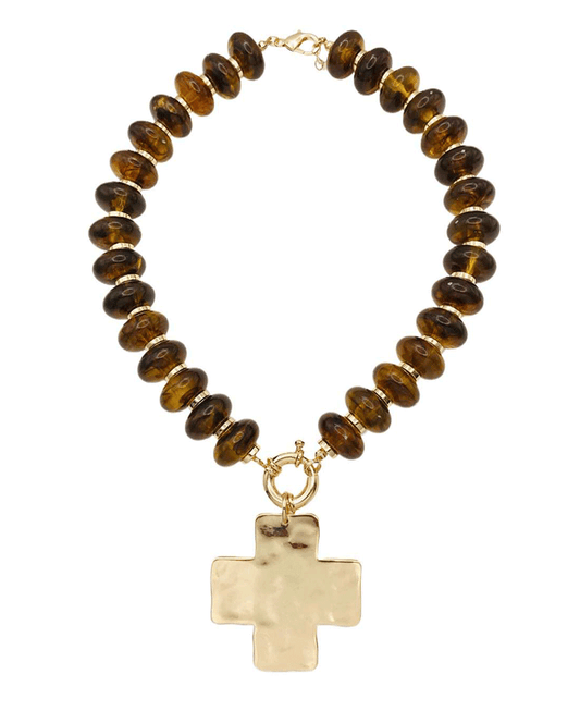 Amber Resin Beaded Cross Necklace