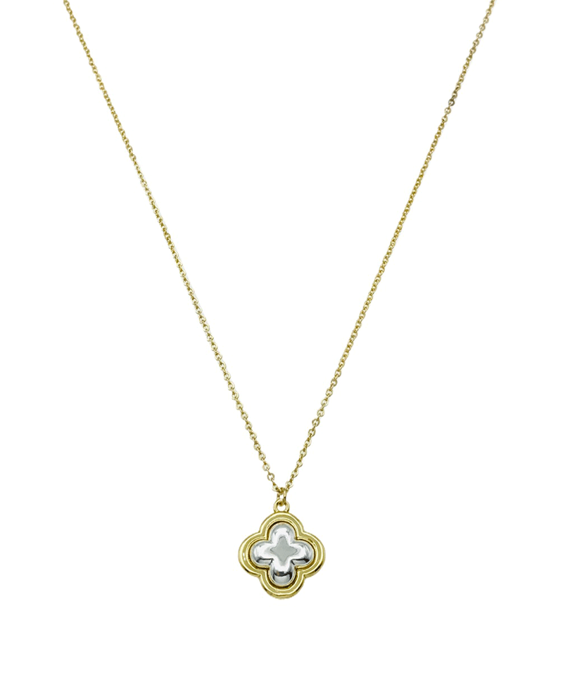 Two Tone Quatrefoil Pendant Short Necklace