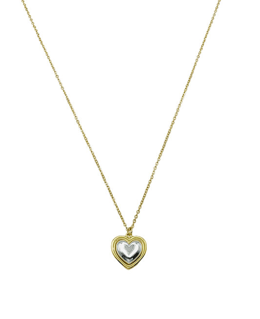 Two Tone Heartl Pendant Short Necklace