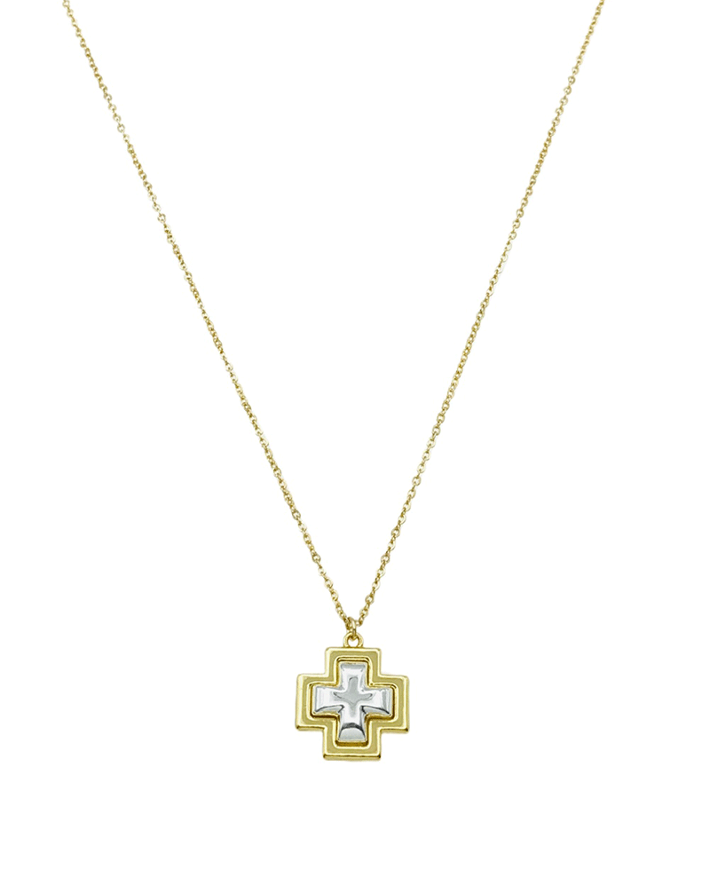 Two Tone Cross Pendant Short Necklace