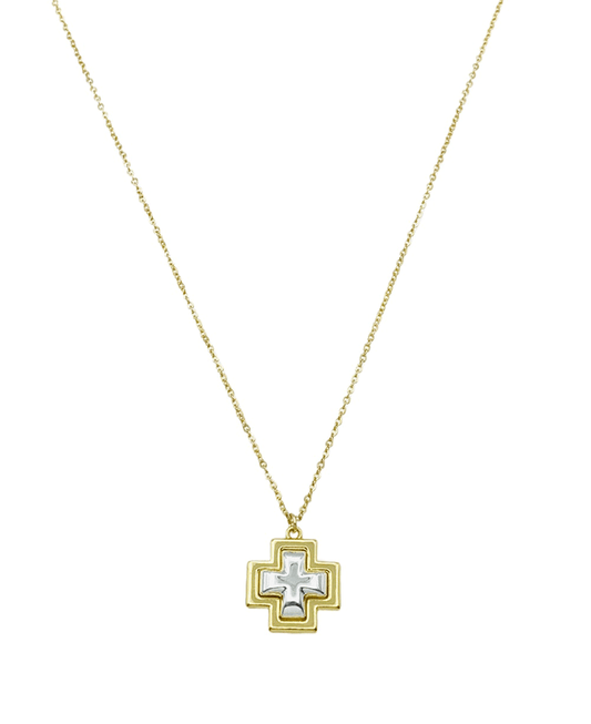 Two Tone Cross Pendant Short Necklace