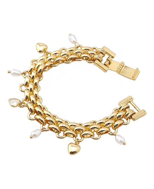 Heart & Pearl Charms Chain Bracelet