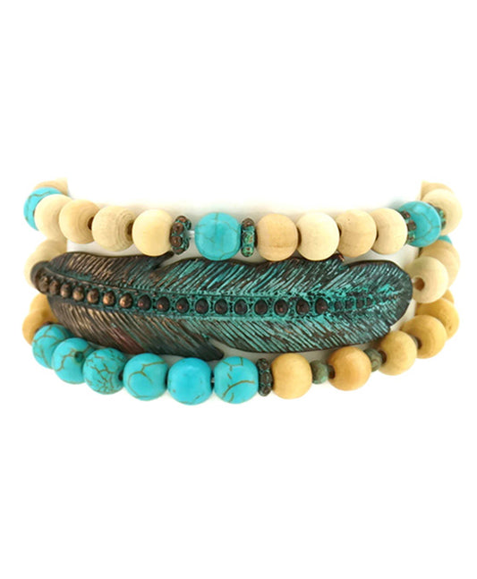 Wood w/ Feather Stackable Bracelet