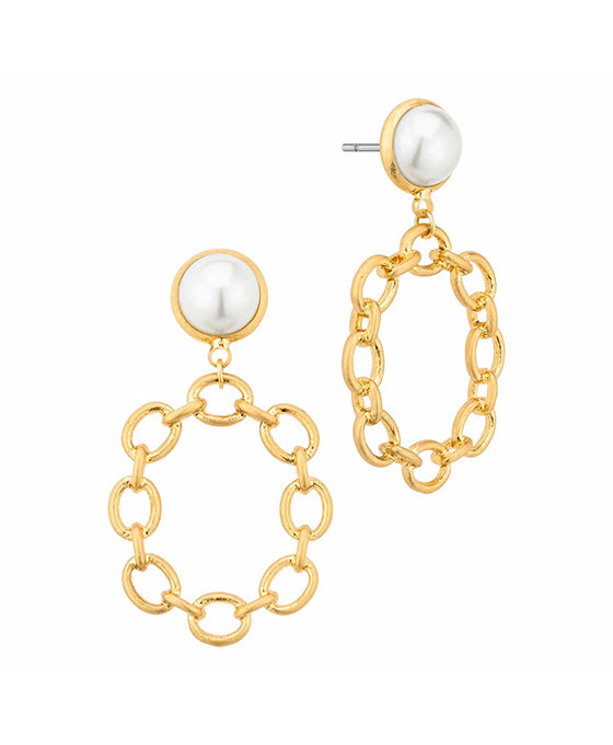 Pearl & Metal Oval Chain Post Earring