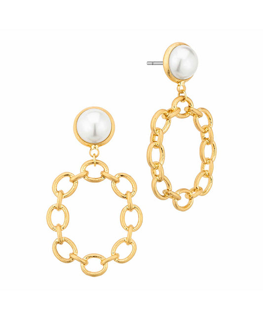 Pearl & Metal Oval Chain Post Earring