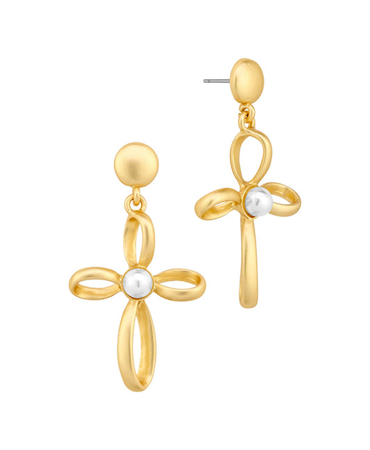 Pearl Accent Metal Cross Post Earring